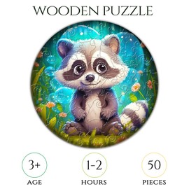 Wooden Jigsaw Puzzles for Kids Ages 4-6, 50 Piece Unique Shape Animal Theme Puzzle - Preschool Learning Educational Toys for Kids 3+, Valentines Day Birthday Easter Gifts for Kids Girls Boys (raccoon)