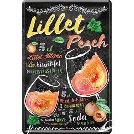 WOGEKA ART Retro Tin Sign - Lillet Peach - Cocktail Recipe as Gift Idea for Birthday Christmas Decoration for House Bar Pub Pub 20 x 30 cm Vintage Design Metal 549