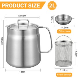 Bechoanigel Frying Pot 2 L Frying Pot with Strainer 304 Stainless Steel Multifunctional Frit Fix for Storage of Frying Oil and Food Fat