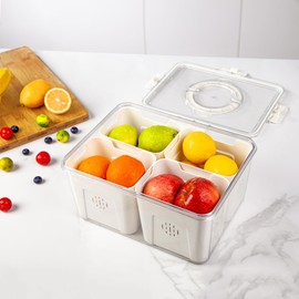 JOYOJ Divided Serving Tray with Lid and Handle, Large Fruit Storage Container, Vegetable Container with Drain Tray, Clear Organizer for Vegetable Fruit, Perfect for Picnic, Party and Travel