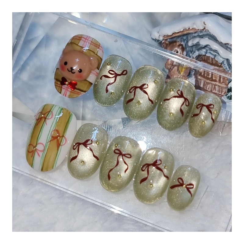 Century Bear and Burgundy Ribbon Handmade Nail Tips - Petit