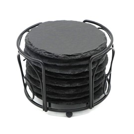 8 PCS Round Slate Drink Coasters Set, SIJDIEE 4 Inch Black Slate Stone Coasters with Anti-Scratch Bottom and Coaster Holder for Office Bar Kitchen Home Dinner Table Decor Supplies