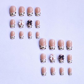Press on Nails - 24pcs Leopard Print False Nails - 12 Sizes Medium Length Square Fake Nails with Glue - French Nails with 3D Bows Designs - Full Cover French Tip False Nails for Women Girls Nail Art
