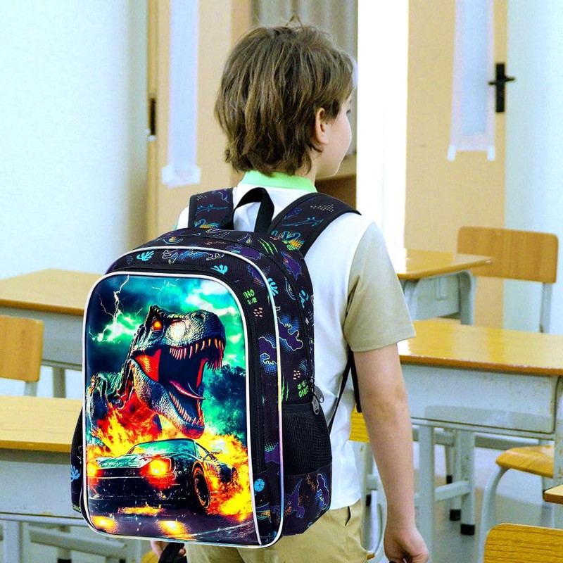 KLFVB 3PCS Dinosaur Bookbag for Boys Set, Water Resistant 16