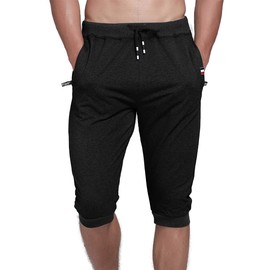YSENTO - Pantalones capri de algodón para hombre, estilo casual, 3/4, para correr, debajo de la rodilla, para gimnasio, entrenamiento, bolsillos con cierre, 01 Negro, 38