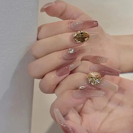 24Pcs Artificial Acrylic Fake Nails with Big Rhinestone Decor Designs, Press on Nails Square Medium Length, Full Cover Reusable Coffin False Nails, Women Glue on Nails Set, Stick on Nails for Nail Art