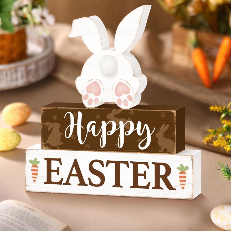 Happy Easter Bunny Table Sign Decorations, Easter Wooden Block Tabletop