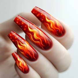 NGMATY Red Flame Press On Nails Long Coffin False Nails- Flickering Fire Design Glossy Fake Nails, T-Shaped Full Cover Glue on Nails for Women,24Pcs Flame Manicure Set (Red)