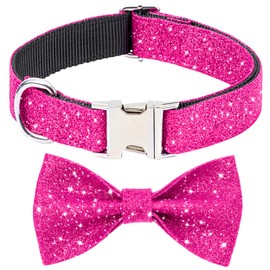 Jumpress Bling Bow Tie Dog Collar and Leash Set, Cute Pink Girl Dog Collar with 5ft Leash for Small Medium Dogs Daily Walking or Holiday Party (Hot Pink, Neck fit 11-16’’)