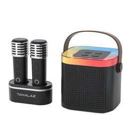 TANALAZ mini Portable Bluetooth Speaker for Kids,2 Wireless mics with Base,Birthday Gift for Girl boy Toys Age 3-12 Year Old,Carpool Karaoke micphome with LED Party Lights and Change Voice Effect
