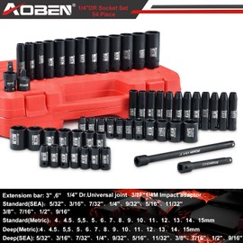 AOBEN 1/4-Inch Drive Impact Socket Set, 54 Pieces, 6 Point, SAE/Metric, Deep/Standard, Cr-V Steel, Includes Extension bars and Socket Adapter