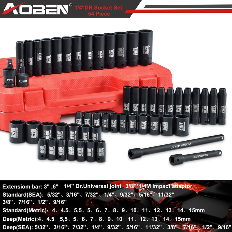 AOBEN 1/4-Inch Drive Impact Socket Set, 54 Pieces, 6 Point,