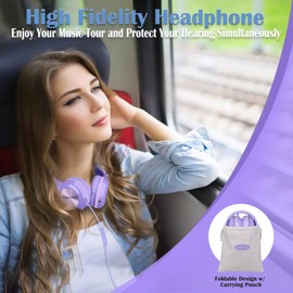 SIMOLIO Wired Headphones for Kids, Girls School Headphone with Microphone & Safe Volume Limiter & Shareport, Foldable Adjustable Over Ear Headsets for Tablet Travel Teens Smartphone Purple