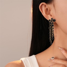 Round Circle Long Fringe Dangle Drop Earrings for Women Gold-Toned Vintage Birthstone Tassel Statement Charms Elegant Lightweight Birthday Holiday 50s 60s Jewelry (Black)