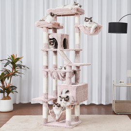 Heybly Cat Tree，71-Inch Tall Tower for Indoor Cats with 2 Perches, 2 Big Condos, 2 Hammocks, Basket, Scratching Pad，Large Cat Furniture and Condo, Mushroom HCT034MU