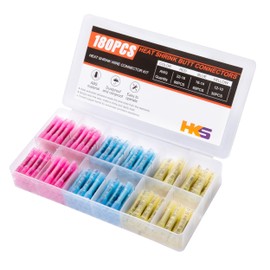 HKS 180 PCS Heat Shrink Butt Connector - Electrical Wire Connectors 22-10 AWG Kit - Tinned Red Copper- Automotive Marine Stereo Boat Crimp - Waterproof and Insulated