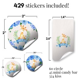 Watercolor Dahlia Floral Giraffe Boy Baby Shower Sticker Bundle Kit - 429 pieces!!! Includes 60 2" Circle Stickers for Favors & Goodie Bags, 45 Mini Candy Bar Wrappers & 324 Round Candy Kiss Stickers