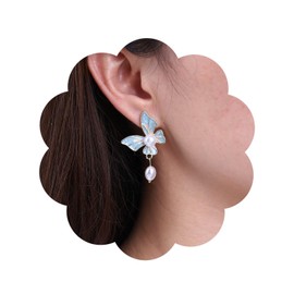 Inateannal Boho Acrylic Butterfly Pearl Drop Earrings Gold Pearl Dangle Earrings Blue Enamel Butterfly Earrings Vintage Resin Butterfly Stud Earrings Jewellery for Women and Girls, Zinc, No Gemstone