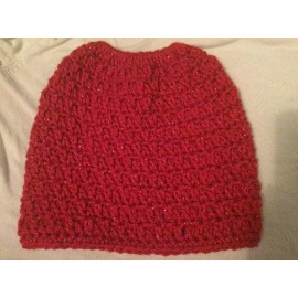 Handmade New!! Red Sparkle Mussy Bun Stylish Crochet Woman’s Fashion Hat