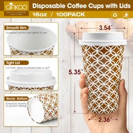 Ginkgo 100 Pack Disposable To Go Coffee Cups with Lids 16 oz, Brown Minimalist Pattern Paper Hot CoCoa Cups Suitable for Travel, Party, Shops Cafes