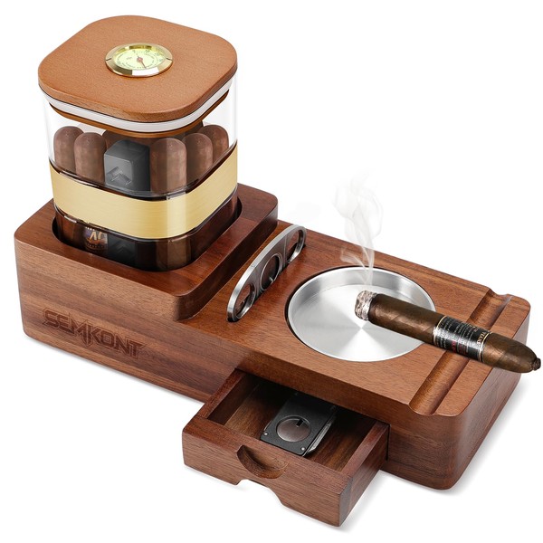SEMKONT Cigar Humidor and Ashtray Set,Wooden Tray with Acrylic Humidor
