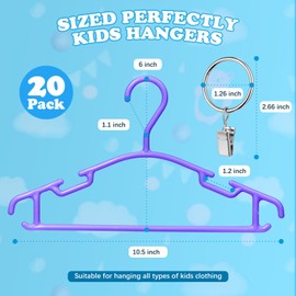AMZXHCQ Baby Hangers with Metal Ring Clips, Children Plastic Hanger for Kids Pants Clothes Closet, 20 Pack, Purple
