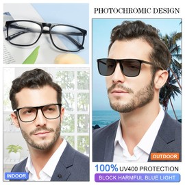 MARE AZZURO Photochromic Reading Glasses Men Blue Light Blocking Oversized Square Readers 1.0 1.5 2.0 2.5 3.0 3.5 4.0 (Black, 4.00)