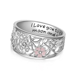 925 Sterling Silver Ring, Engraved I Love You to The Moon and Back Eternity Ring Hollow Flower Pattern Ring Cherry Ring for Women and Girl's (8)