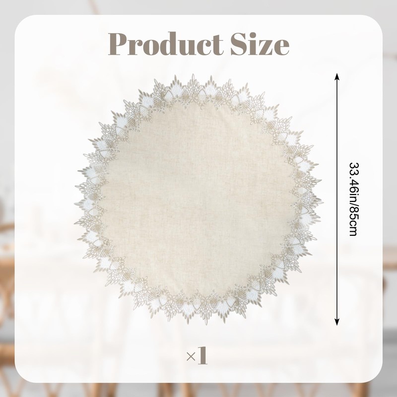 URROMA Linen Round Beige Table Cover with Lace Trim,Table Decor