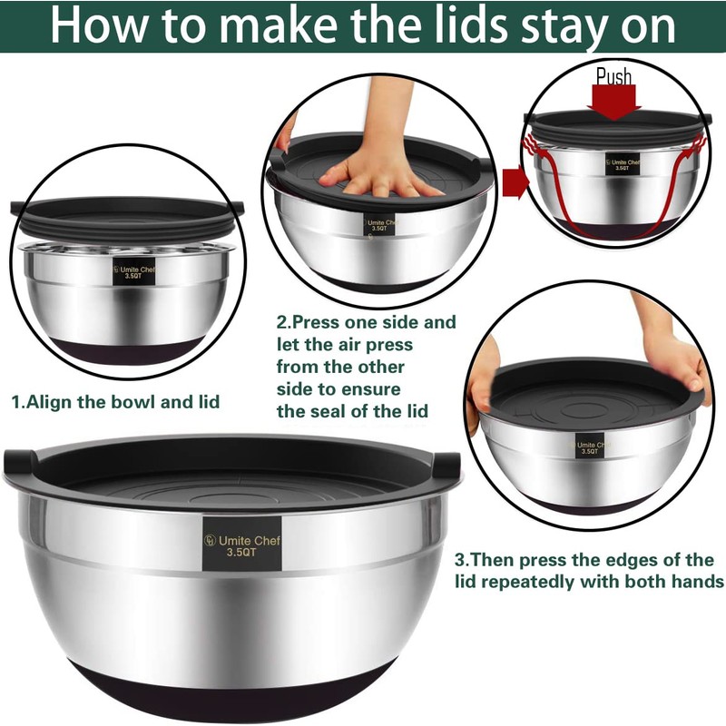 Umite Chef Mixing Bowls with Airtight Lids，6 piece Stainless Steel