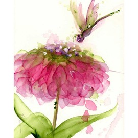 ArtDirect Derman, Dawn 20x24 Gallery Wrapped Canvas Museum Art Titled: Dragonfly and Zinnia