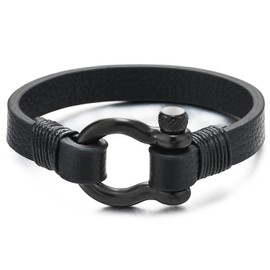 Mens Womens Black Steel Screw Anchor Shackles Wrap Bracelet Black Leather, Nautical Sailor Wristband