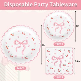FYSUIMU Pink Bow Party Supplies Kit Serves 24 Cute Bow Cherry Heart Paper Plates and Napkins for Wedding Bridal Baby Shower Birthday Party, 72Pcs