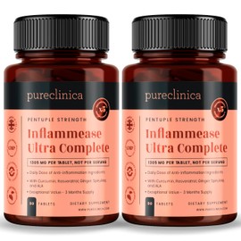 INFLAMMEASE Ultra Complete 1305mg x 180 Tablets (Ginger, Curcumin, Spirulina, ALA, Resveratrol- 5 Supplements in 1(2 Bottles of 90 Tablets)