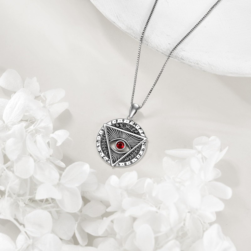 YAFEINI Vintage Evil Eye Necklace Sterling Silver Ruby Triangle Pendant
