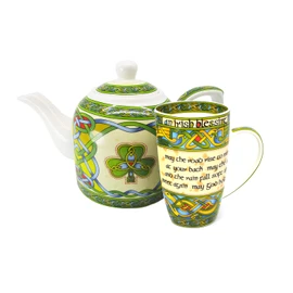 Royal Tara Set of Irish Shamrock Cup 1 Shamrock Porcelain Teapot Tea Bag Holder - Irish Tea Pot Celtic Knot Tea Kettle with Removable Lid (Teapot and Blessing Mug)