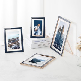 Axeman 6x8 Gold Floating Frame Navy Blue Enamel Picture Frame with Metal Edge for 5x7, 4x6 up to 6x8 Photo Double Glass Floating Picture Frame for Desk Tabletop Shelf Vertical Display