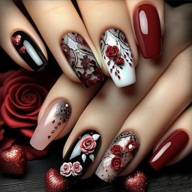 Shimmerz 24 Piece Medium Sized Rose Flower Design Glossy Acrylic Nails Black False Nails Valentine's Day Coffin Nails Press On Nails