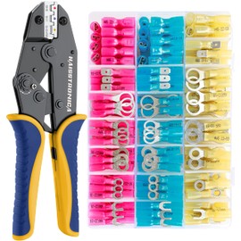 haisstronica Crimping Tool for Heat Shrink Connectors HS-8327 with 280PCS Marine Grade Heat Shrink Wire Connectors,Tinned Red Copper AWG 22-10 Electrical Ring Fork Spade Splice(3Colors/21Size)