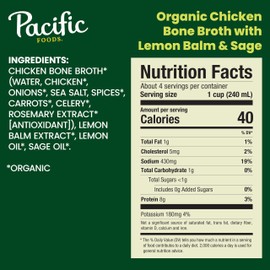 Pacific Foods Organic Chicken Bone Broth With Lemon Balm and Sage, 32 oz Carton