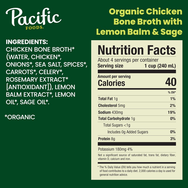 Pacific Foods Organic Chicken Bone Broth With Lemon Balm and