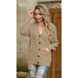 GRECERELLE Women's Knitted Cardigan, Women's V-Neck Button Placket, Open Front Sweater, Elegant Casual Autumn Winter Sweater with Buttons and Pockets, khaki
