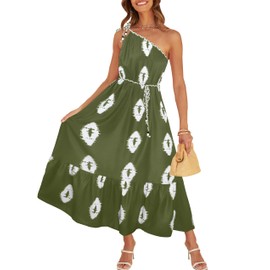 CCTOO Women's Floral Print Maxi Dress 2025 Sleeveless Summer Knot One Shoulder Flowy Boho Dresses with Pockets Army Green M