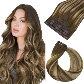 HOTBANANA Invisi Edge Clip in Hair Extensions, 20inch 110g 7Pcs Injected Seamless Clip in Extensions Real Human Hair Chocolate Brown Mixed Caramel Blonde Balayage PU Hair Extensions Remy Hair