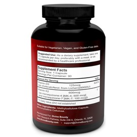 Divine Bounty Vitamin K2 (MK7 & MK4) with D3 Supplement - Vitamin K & D as MK-7 100mcg, MK-4 500mcg, and 5000 IU Vitamin D3 3-in-1 Formula - Bone and Heart Support - 90 Non-GMO Vegetarian Capsules