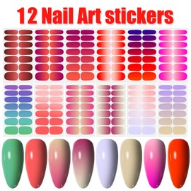 WOKOTO 12 Sheets Multi-Color Gradient Nail Strips for Nails Nail Polish Stickers Full Nail Wraps Stick On Nails Polish Strips Set with Nail File Self Adhesive Nail Stickers for Fingernail Stickers