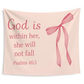 Evcprz Christian Coquette Pink Bow Tapestry, God Is Within Her She Will Not Fall Bible Verse Wall Tapestries, Preppy Religious Wall Hanging Decor for Girls Bedroom Dorm Home, 50x60 Inch