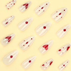 Press on Medium Nails Almond Shaped Glossy Full Cover Pointed Almond Acrylic French False Nails with Designs Artificial Almond Fake Nails with Charms Glue Stick ons Fingernails for Women(JP3281)
