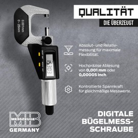 MIB Digital Outside Micrometer DIN 863, ABS, Precise Measurements 0-25 mm, Micrometer Digital, Electronic Measuring & Planning Tools, Diameter Measuring Device, HM Measuring Surfaces, Includes 1.5 V