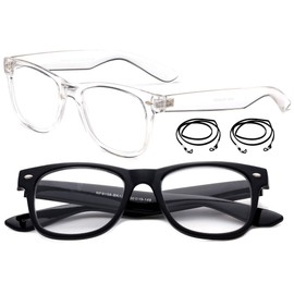 2 Pack Black & Clear Reading Glasses Simple Classic Design for Men Women Quality Reader 1.25 with Lanyard